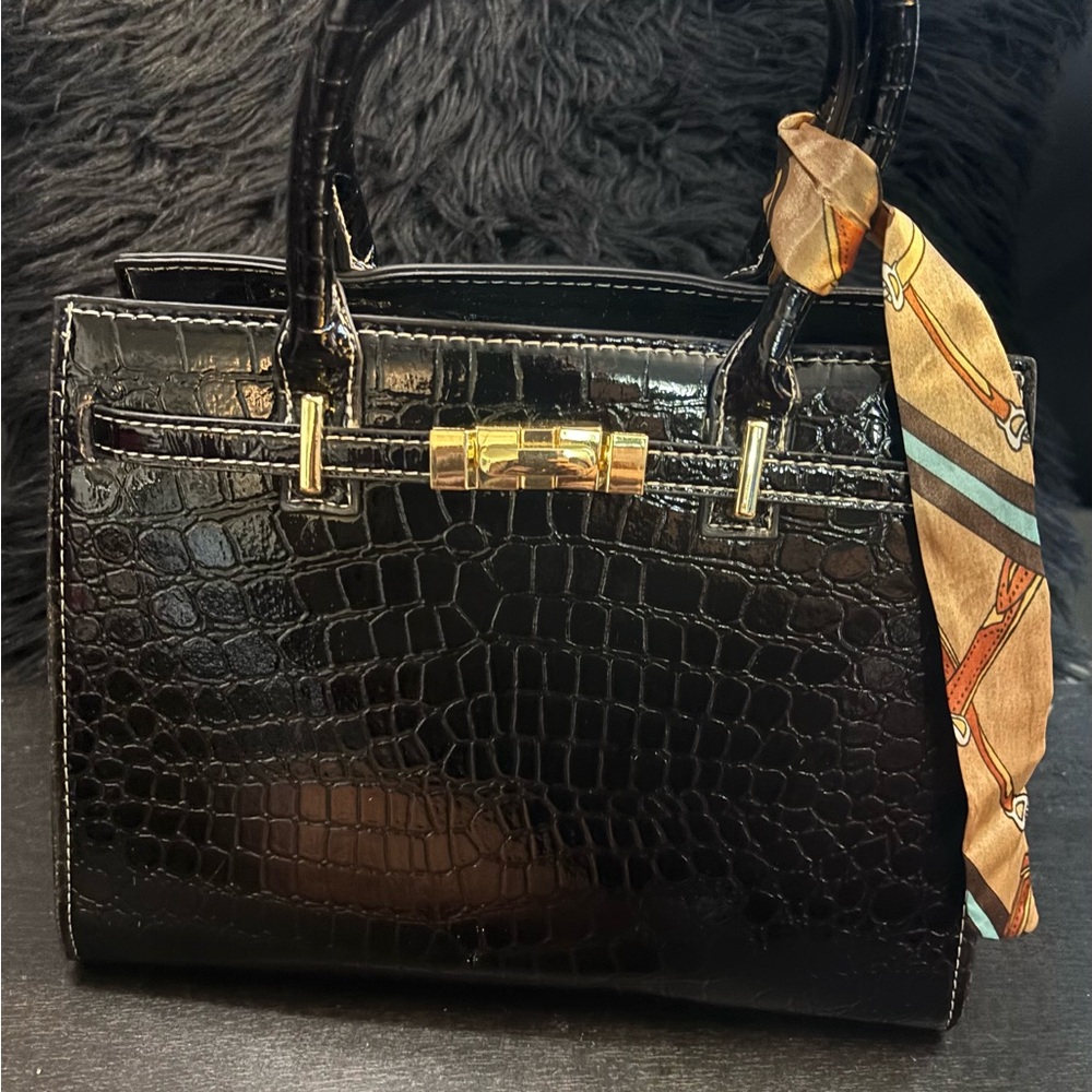 Elegant Black Crocodile-Embossed Handbag